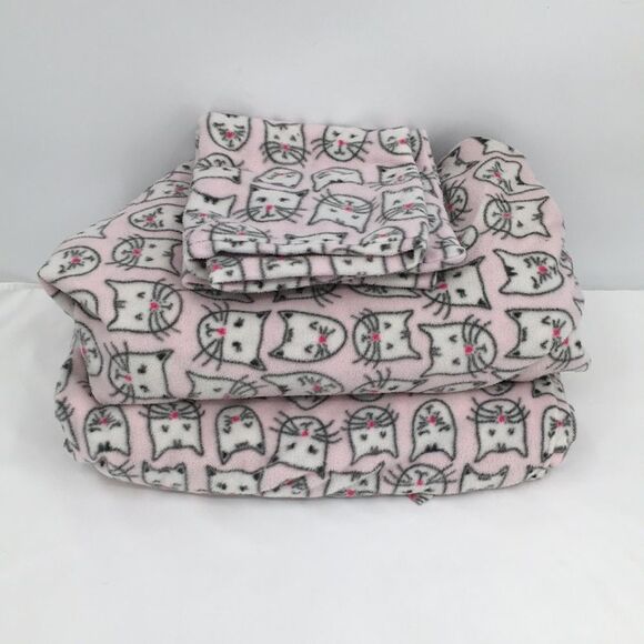 Cuddl Duds Polartec Fleece Twin Sheet Set Pink Cats Fitted, Top & Pillowcase - Picture 1 of 8